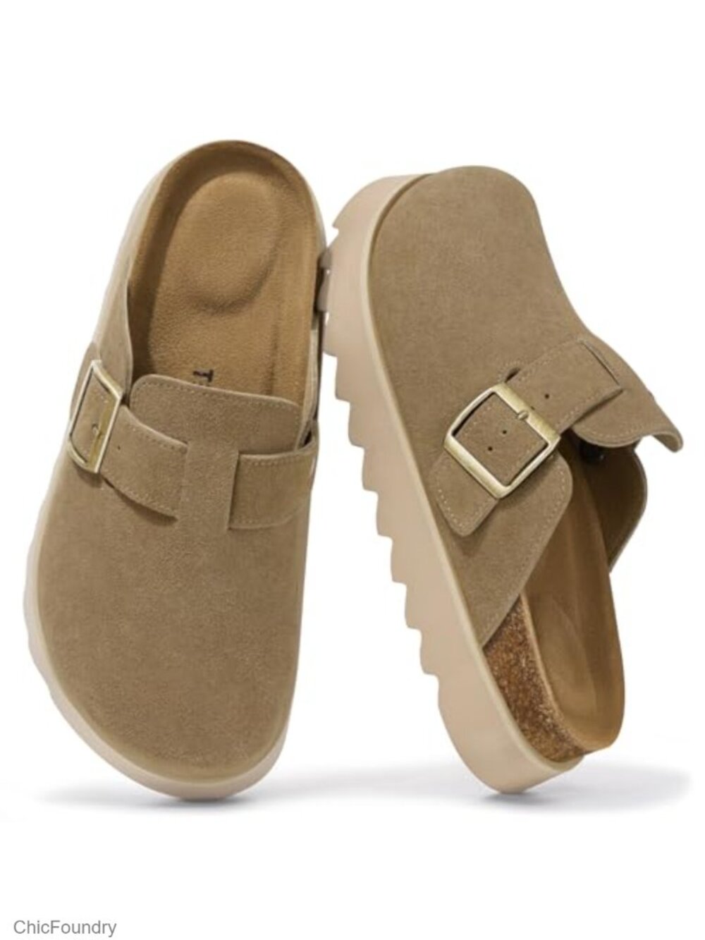 Genuine Leather Platform Clogs Slip On Mules Cork Footbed Closed Toe Sandals